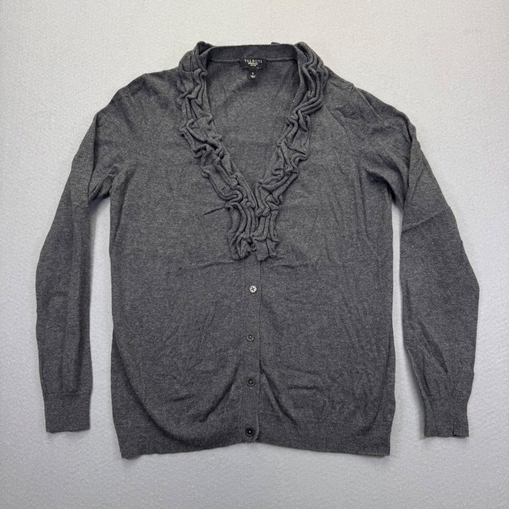 Talbots Womens Petites Small Charcoal Grey Ruffle V-Neck Wool Blend Cardigan S
